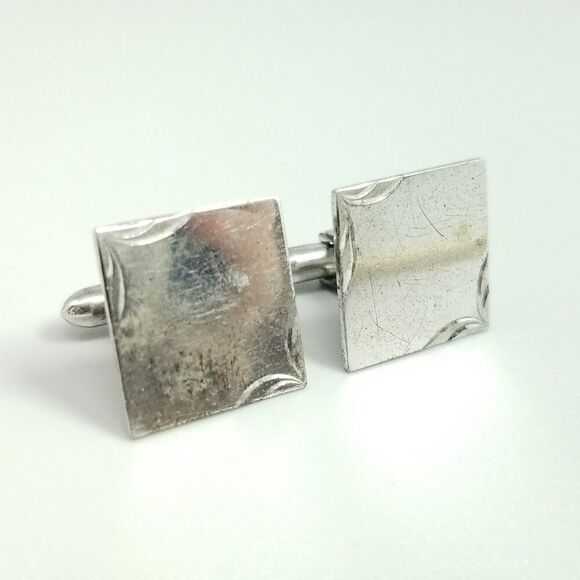 Vintage LaMode Sterling Silver Square Etched Bullet Back Cufflinks, Estate - Picture 7 of 8